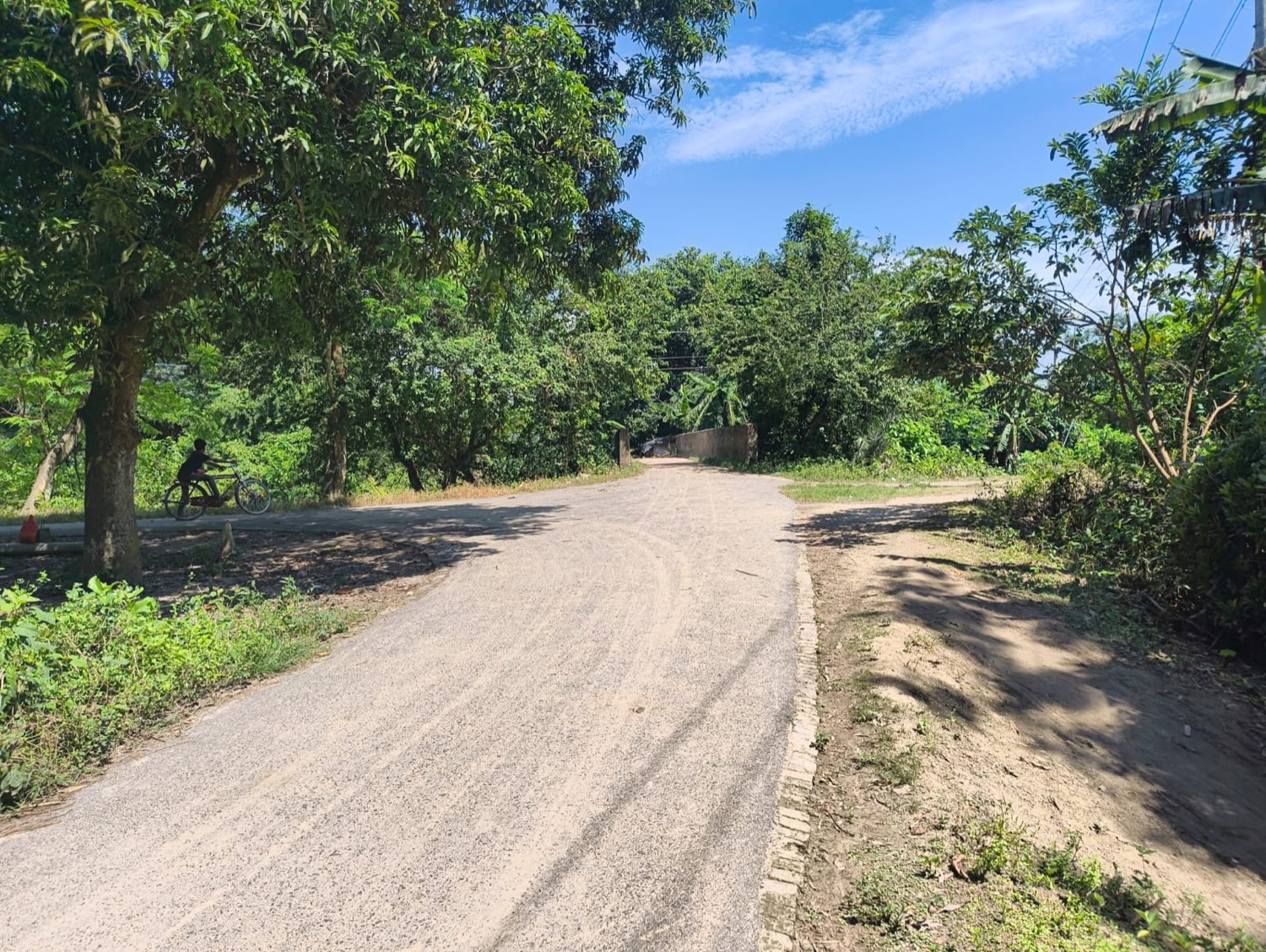 A swept village road with cleared verges under a blue sky
